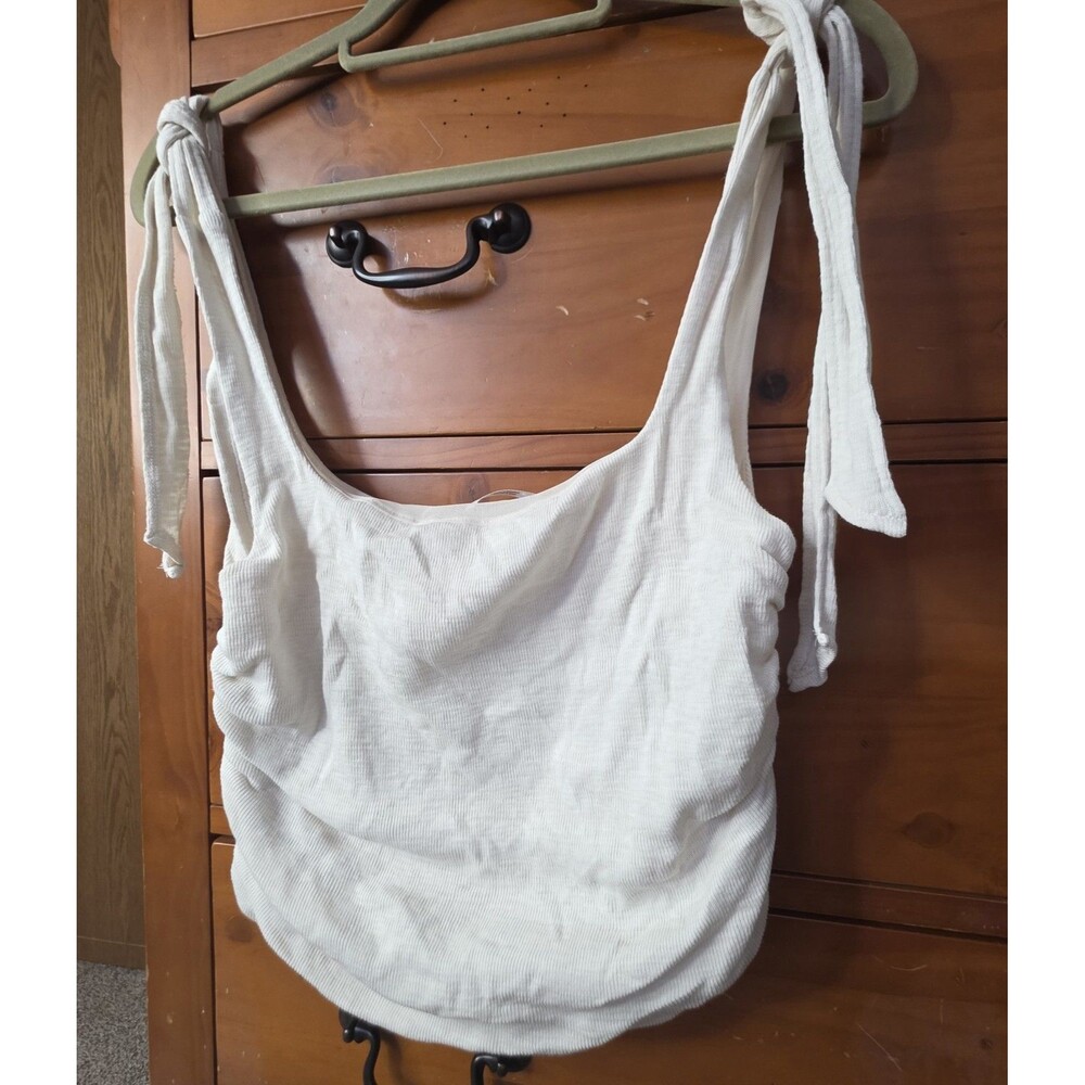 Free People Tank Top Size Medium Ruched Side Tie Shoulder Square Neck Cream